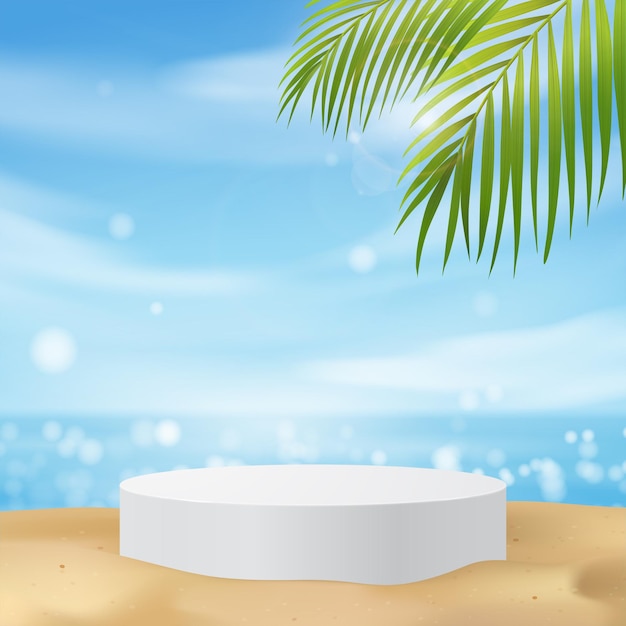 Expositor de podio blanco con palmera para presentación del producto, playa de verano con mar azul