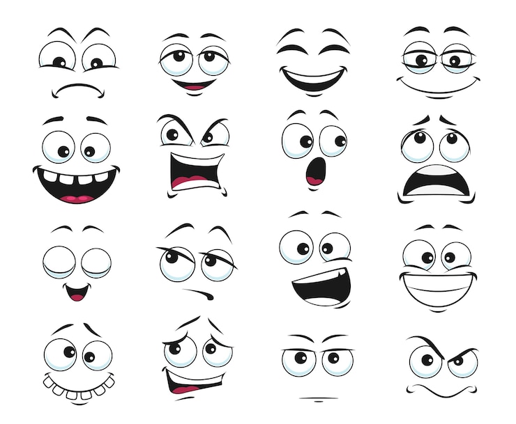 Vector expresión de la cara aislada, emoji de divertidos dibujos animados satisfecho, dentudo y loco, enojado, riendo y triste. sentimientos de emoticonos faciales molestos, felices y tristes, insatisfechos. conjunto de expresiones faciales lindas