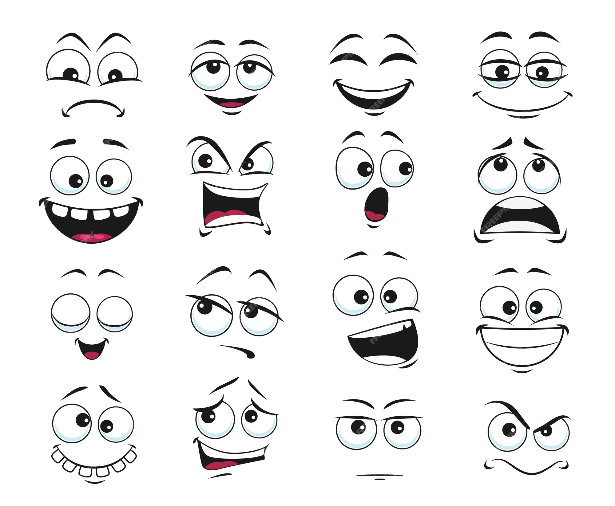 Expresión de la cara aislada, emoji de divertidos dibujos animados  satisfecho, dentudo y loco, enojado, riendo y triste. sentimientos de  emoticonos faciales molestos, felices y tristes, insatisfechos. conjunto de expresiones  faciales lindas |