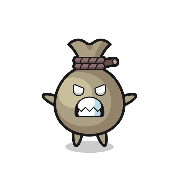 Expresión colérica del personaje de la mascota del saco de dinero, diseño de estilo lindo para camiseta, pegatina, elemento de logotipo