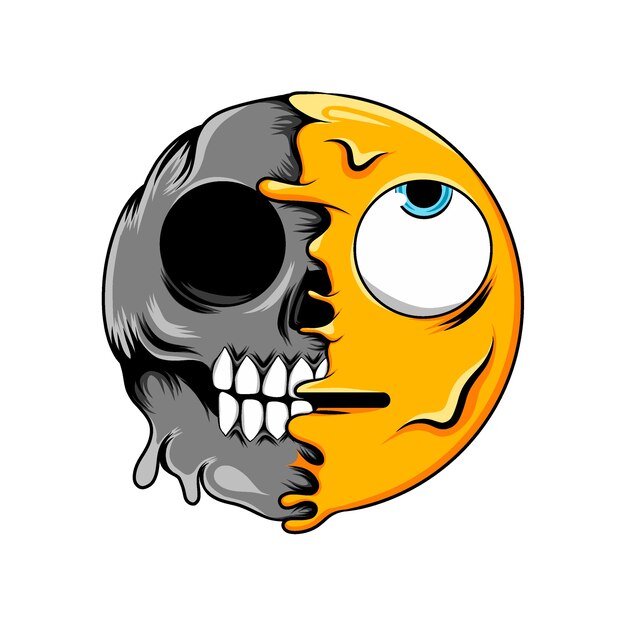 expresión confusa con ojos azules cambia a emoticon de calavera oscura
