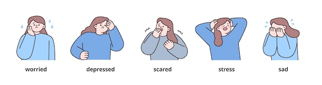 Expresión de emociones negativas set5 mujeres contorno de carácter de la parte superior del cuerpo ilustración vectorial