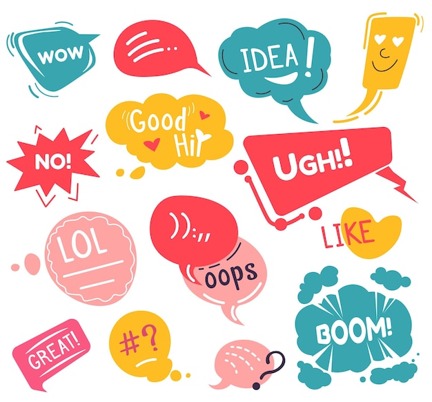 Expresión de emociones en redes sociales, stickers aislados y emoji con texto. Hola y lol, idea y ugh, boom y oops. Comunicación en la web, chateando y hablando en línea. Vector en estilo plano