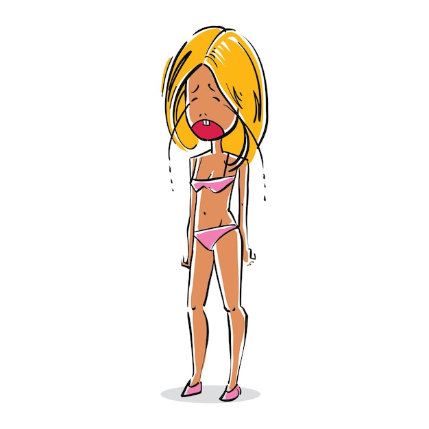 Vector expresión facial de una chica rubia, dibujo de dibujos animados de vector femenino sexy. ilustración dibujada a mano de una persona triste y llorando.