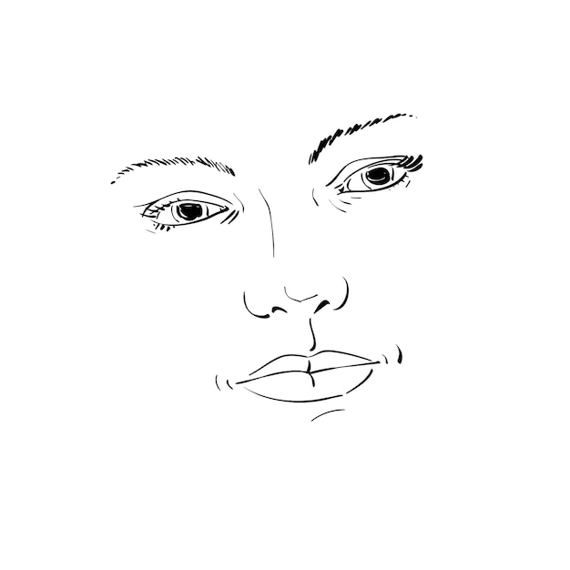 Vector expresión facial, ilustración dibujada a mano de la cara de una chica con expresiones emocionales positivas. hermosas características del rostro de la dama.