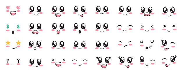 Expresión facial sentimental emoticon diseño de emoji facial conjunto colección de muchas emociones en la ilustración