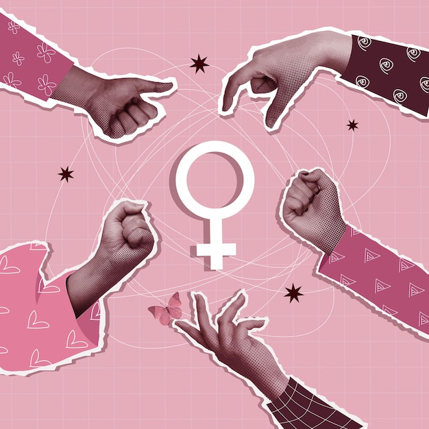 Expresión femenina dinámica en una ilustración vectorial de collage feminista creativa