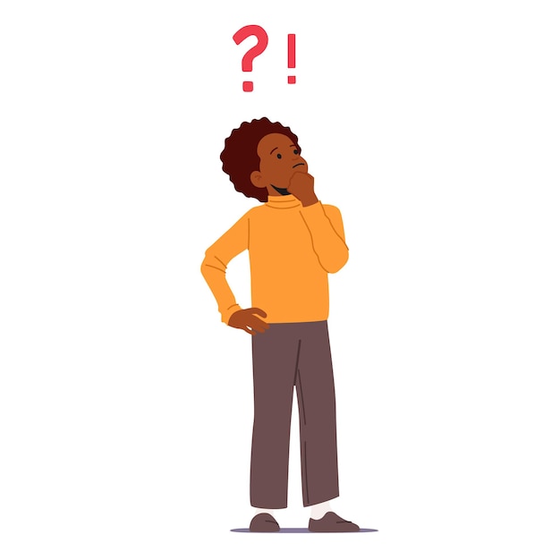 Expresión de pregunta de niño africano confundido, niño curioso confundido que hace preguntas, pensamiento, búsqueda de respuestas y problema de solución, dudas, tarea de resolver de colegial desconcertado. Ilustración vectorial de dibujos animados