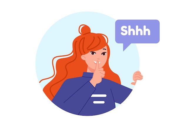 Expresión de silencio Mujer tranquila pedir silencio y no hablar shh gesto de la mano chica portret mantener el concepto secreto silencio shushing dama silenciosa persona silenciosa ilustración vectorial del gesto secreto de la mujer