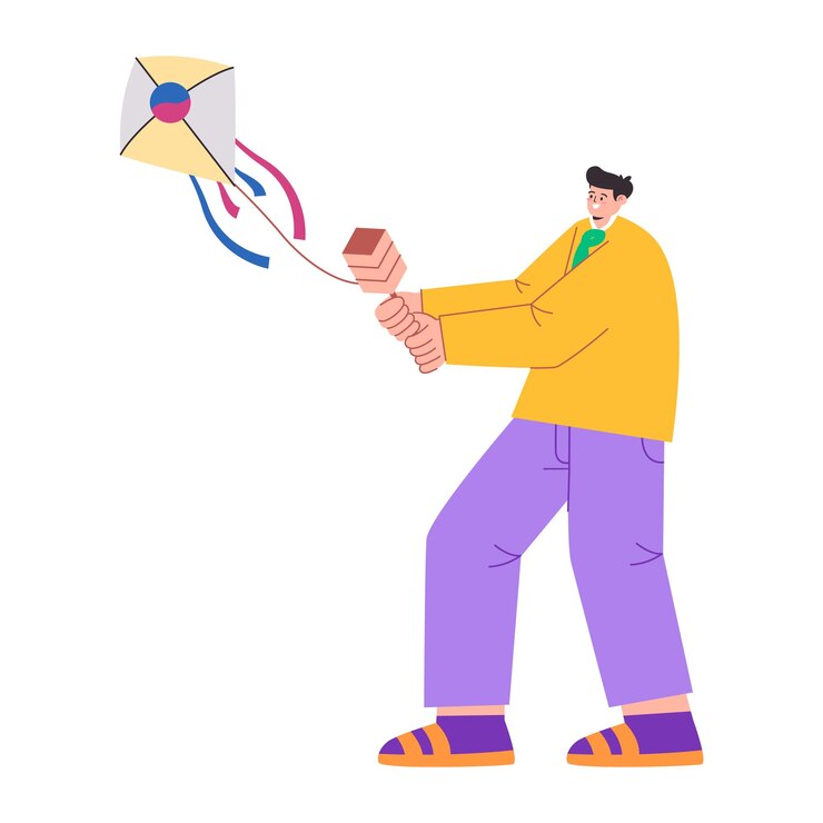 Vector expresión de sonrisa de un joven jugando a la cometa coreana actividad de ocio de juego tradicional