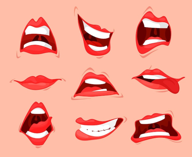 Expresiones de boca de dibujos animados labios de mujer aislados dientes y lenguas Vector conjunto de labios sexy rojos expresando con grito sonriente feliz mostrar lengua sorprendente disgusto diferentes emociones
