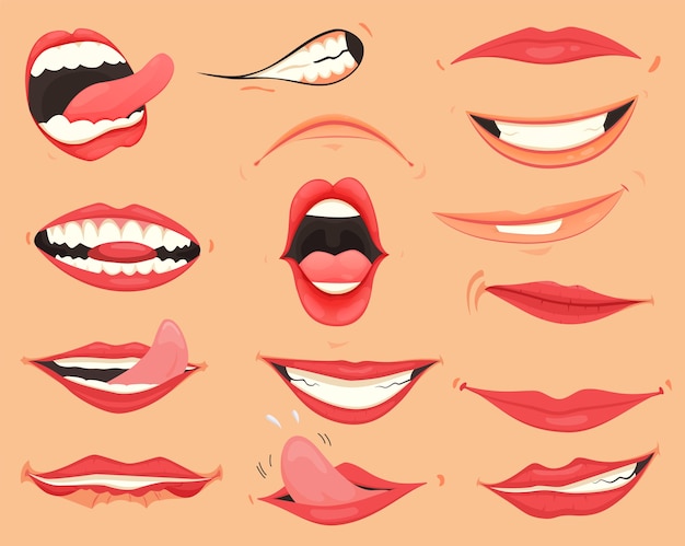 Expresiones de boca. labios con una variedad de emociones, expresiones faciales. labios femeninos en estilo de dibujos animados. colección de labios de gestos.