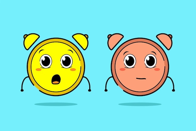 Vector expresiones de cara de dibujos animados de despertador lindo y kawaii extraño