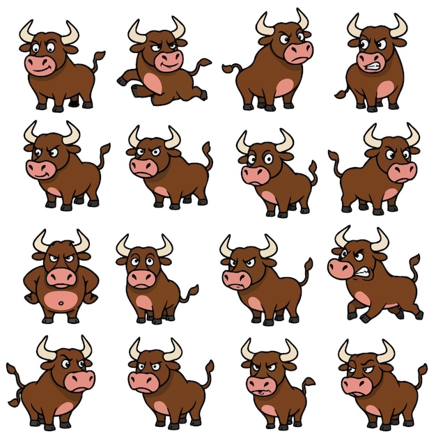 Expresiones de dibujos animados de toros enojados