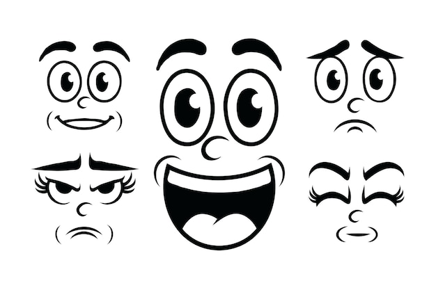 Expresiones faciales de dibujos animados en blanco y negro Conjunto de arte vectorial emocional