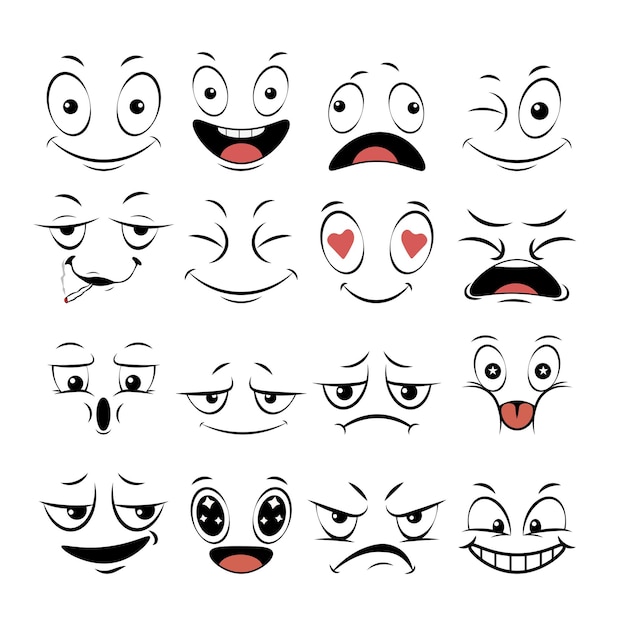 Expresiones faciales de dibujos animados ojos y boca sonriendo llorando y sorprendido personaje cara expresiva