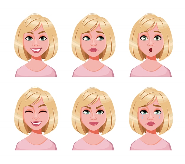 Vector expresiones faciales de linda mujer rubia