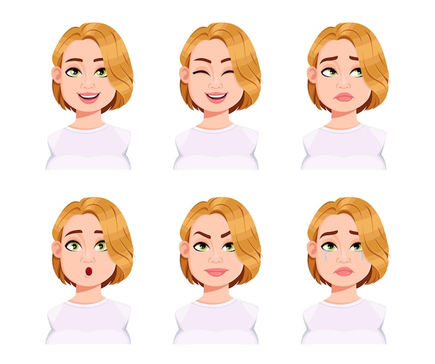 Vector expresiones faciales de linda mujer de talla grande.