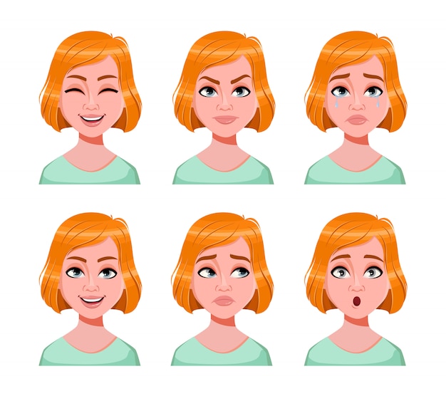 Vector expresiones faciales de mujer linda pelirroja