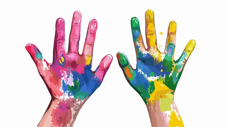 Vector expresivas manos cubiertas de pintura que muestran expresión artística