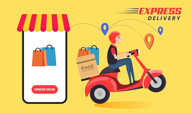 Express delivery publicación en redes sociales, entrega de scooters, servicio de entrega en línea, anuncios de entrega a domicilio