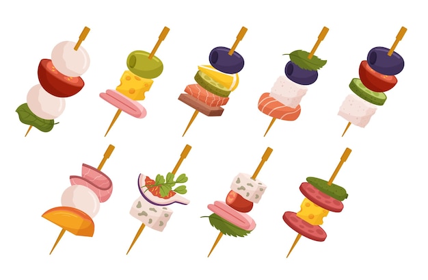 Exquisito juego de canapés Delicioso surtido de golosinas gourmet de tamaño bocado elegantemente dispuestas en palitos