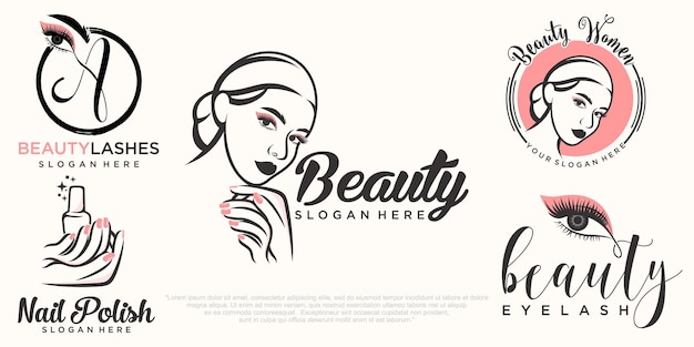 Extensión de pestañas de belleza diseño de logotipo de conjunto de iconos de uñas y mujeres de belleza