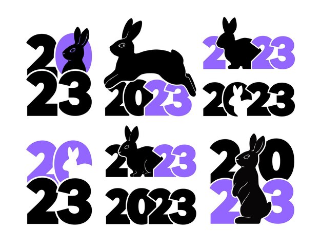 Un extenso conjunto de logotipos de 2023 con conejos Ilustración plana aislada sobre fondo blanco