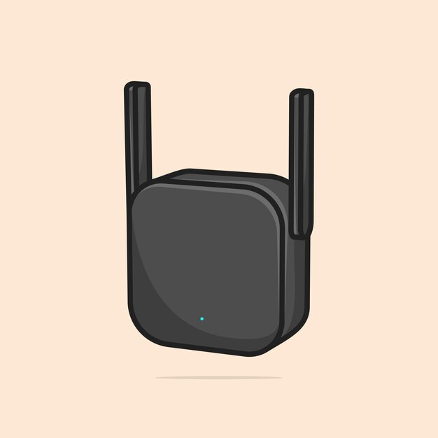 Extensor de rango wi-fi negro con antenas pequeñas conectadas a una toma de corriente. Diseño vectorial