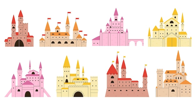 Exterior del castillo medieval Palacios planos y castillos antiguos torre y bastión arquitectura europea gótica vector edificios de cuento de hadas decentes de arquitectura de castillo con ilustración de torre.