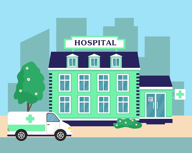 Exterior del edificio del hospital o centro médico y coche de ambulancia. Ilustración de fondo de la ciudad.