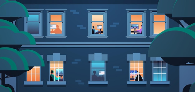 exterior del edificio con vecinos de raza mixta jugadores virtuales jugando videojuegos en línea en computadoras personales en casa retrato horizontal ilustración vectorial