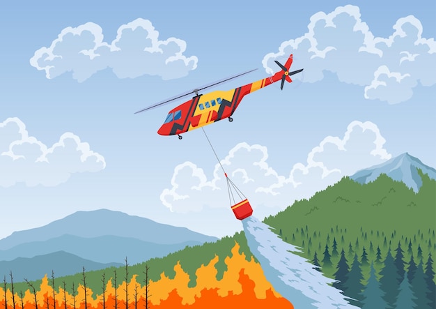 Vector extinción de incendios forestales en helicóptero transporte aéreo de rescate extinción remota de incendios en zonas montañosas lucha contra desastres naturales ilustración vectorial