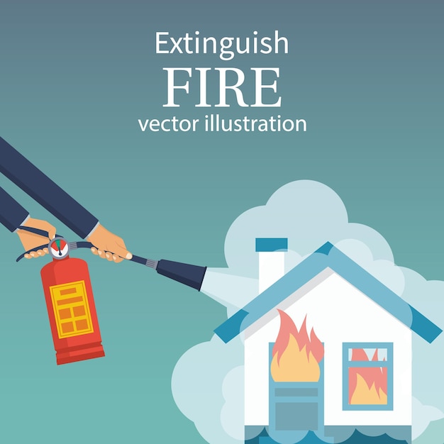 Extinguir el fuego en el hogar casa en llamas bombero sostenga el extintor de incendios en la mano diseño plano de ilustración vectorial aislado sobre fondo blanco protección contra llamas espuma de la boquilla