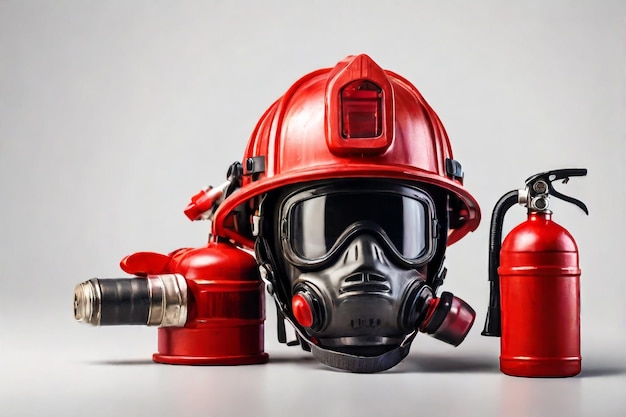 Vector extintor de incendios con casco de bomberos en primer plano renderización 3d aislado en fondo blanco