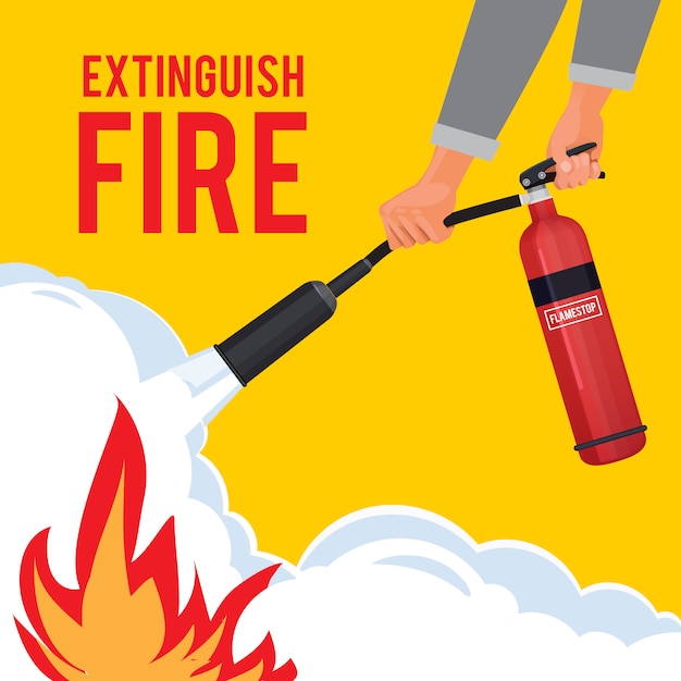 Extintor en manos. Bombero con extintor rojo fuego extinguir gran llama cartel de atención