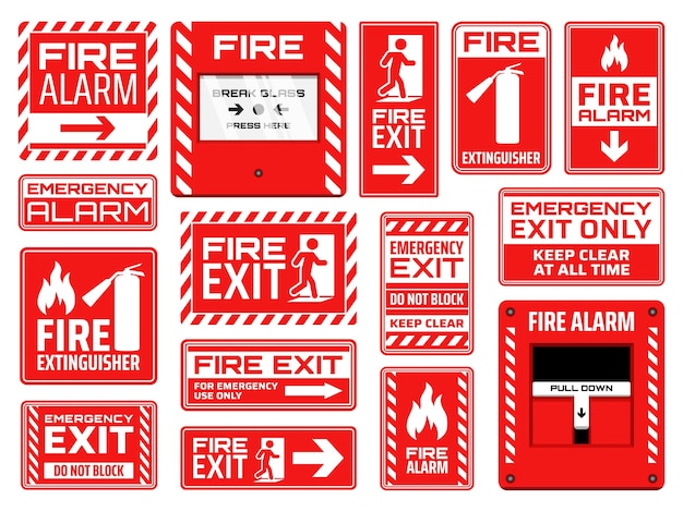 Vector extintor de salida de emergencia contra incendios y señales de alarma.