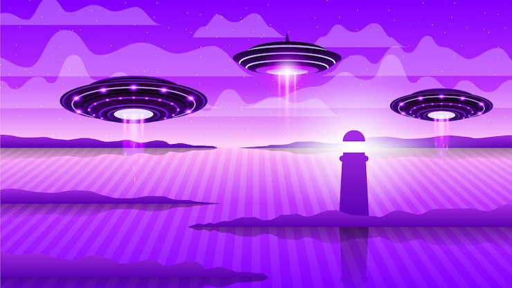 Vector extranjero abstracto en platillos voladores en el espacio oscuro planeta gradiente de fondo objeto volador no identificado