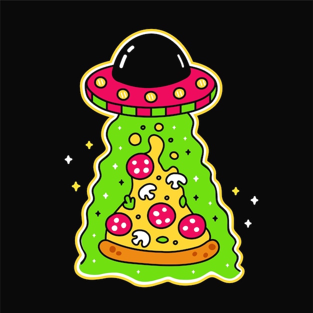 Vector extranjero en platillo volador abducción rebanada de pizza impresa para camiseta artvector línea doodle dibujos animados ilustración gráfica diseño de logotipoufospaceshippizzaextraterrestre platillo volador impreso para cartel camiseta concepto