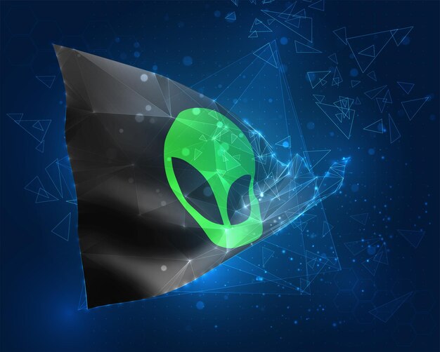 Extranjero verde de la bandera del vector espacial objeto 3D abstracto virtual de polígonos triangulares sobre un fondo azul