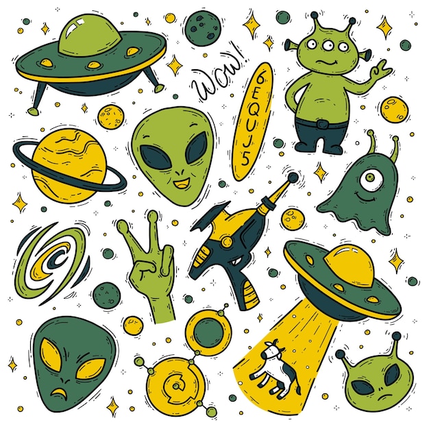 Extranjeros objeto volador no identificado ovni vector verde doodle conjunto de iconos