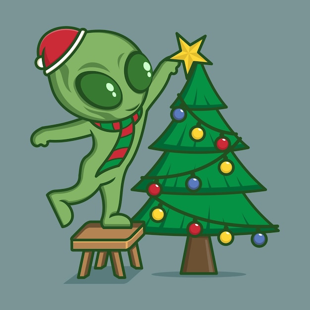 extraterrestre de dibujos animados lindo con árbol de navidad