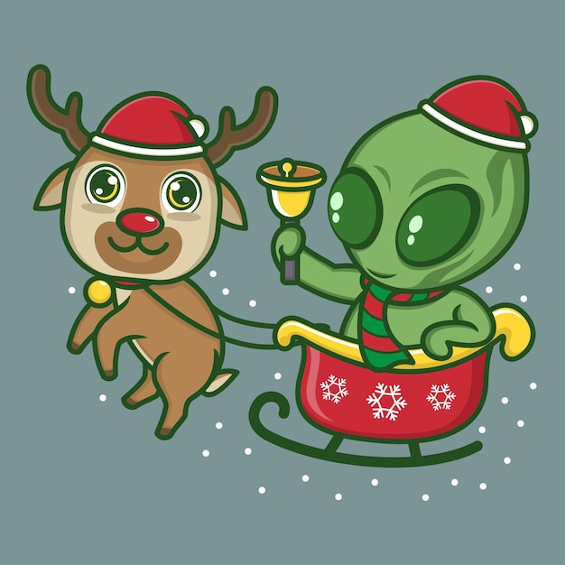 extraterrestre de dibujos animados lindo con carruaje de renos de navidad