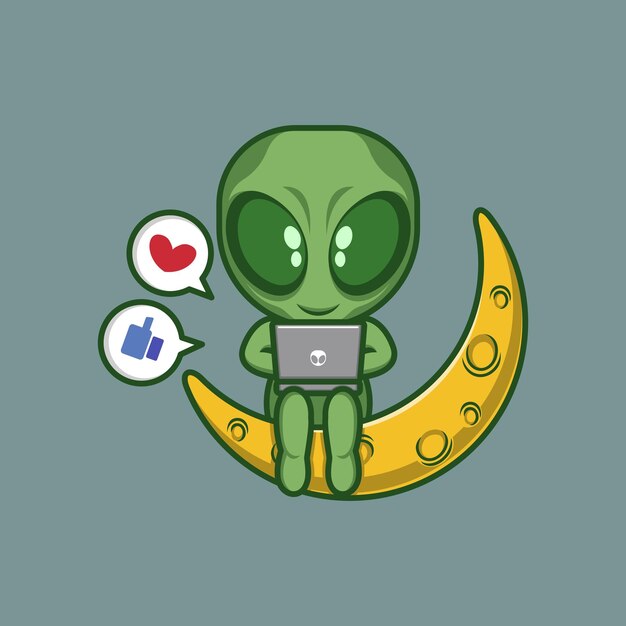 extraterrestre de dibujos animados lindo jugando redes sociales en la computadora portátil