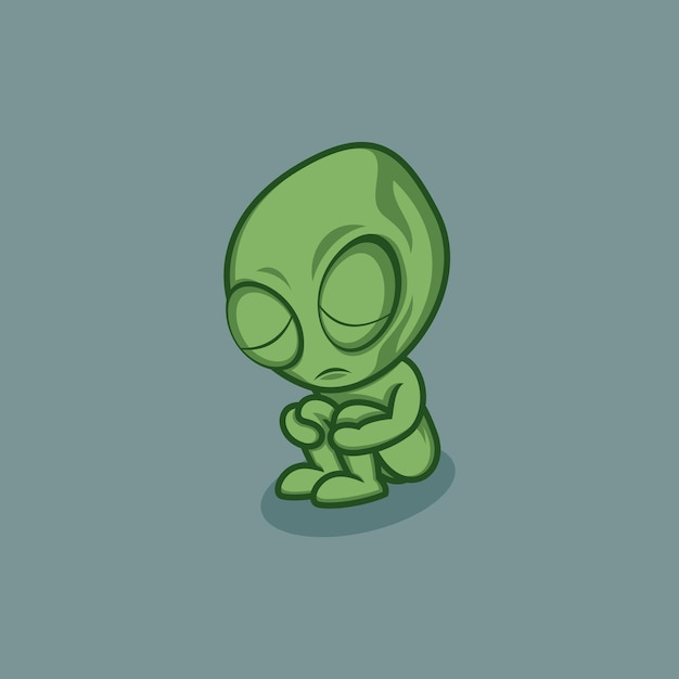 Extraterrestre de dibujos animados lindo sentado pensativo