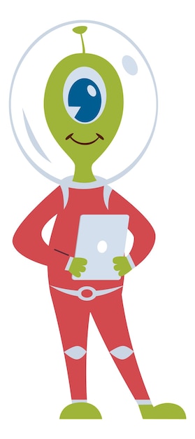 Extraterrestre sonriente con tableta Mascota espacial divertida sostiene el gadget aislado sobre fondo blanco
