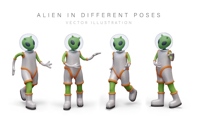Extraterrestre verde en diferentes poses Figuras de colores realistas sobre fondo blanco