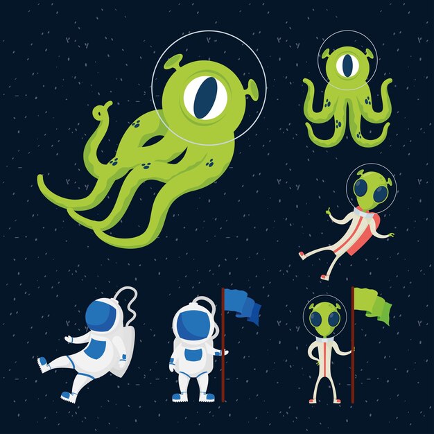 Extraterrestres y astronautas espacio set iconos