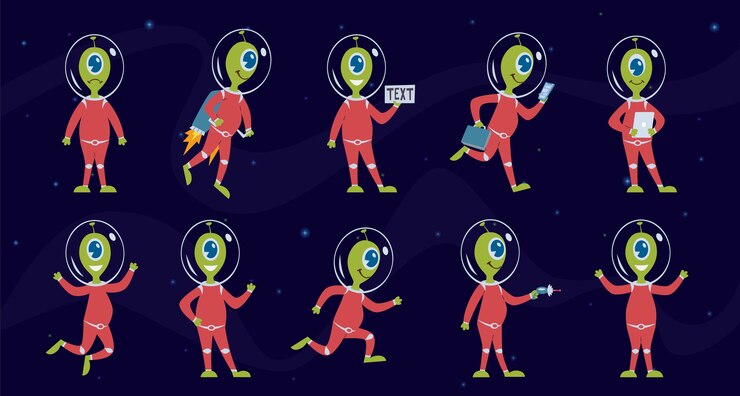 Vector extraterrestres humanoide del espacio verde divertido en traje espacial piloto alienígena ovni en diferentes actividades