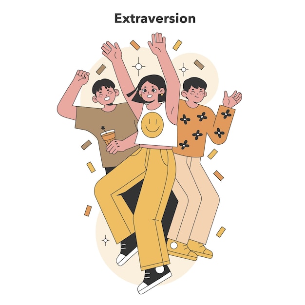 Vector extraversión en el gran grupo de cinco personalidades de amigos alegres que encarnan la sociabilidad y la alta